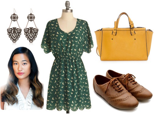 Hunter green dress, goldenrod bag, oxfords