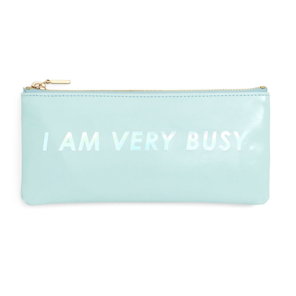 Light blue pencil pouch that reads 