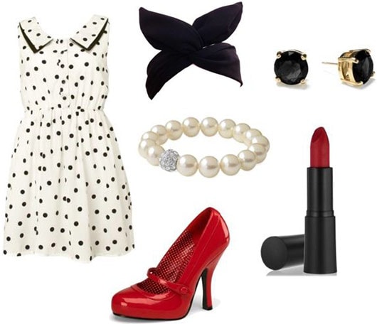 Outfit inspired by I Love Lucy: Polka dot dress with Peter Pan collar, black head wrap, pearls, red Mary Jane heels, lipstick, stud earrings