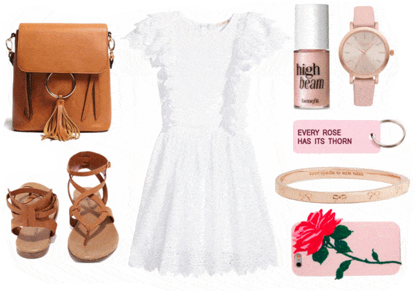 Twin Peaks fashion: Laura Palmer outfit with white ruffle dress, camel bag, sandals, rose gold bracelet, rose gold watch, high beam highlighter, rose phone case