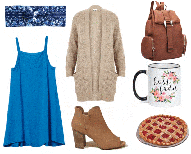 Twin Peaks fashion: Outfit inspired by the Double R Diner with blue dress, slouchy cardigan, peep toe booties in brown, Boss Lady mug