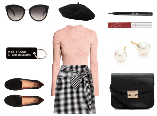 Twin Peaks fashion: Outfit inspired by Audrey Horne with gingham wrap skirt, pink turtleneck, black satchel bag, oversized sunglasses, pearl earrings