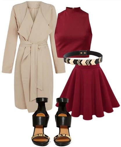 Outfit inspired by "Gold" from Imagine Dragons - red crop top and skirt, beige trench, black heels