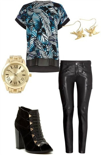 Outfit inspired by "Shots" by Imagine Dragons - leather pants, palm print top, peep toe booties, gold jewelry