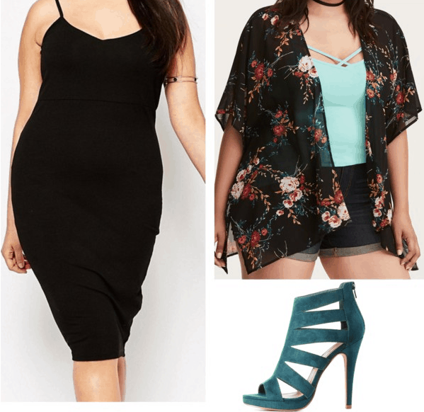 plus size black bodycon dress black kimono jacket blue strappy heels