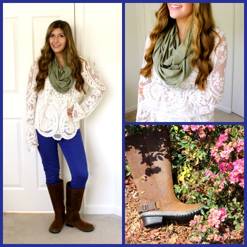  Indigo-Pants-White-Scalloped-Top-Green-Infinity-Scarf-Sorel-Boots