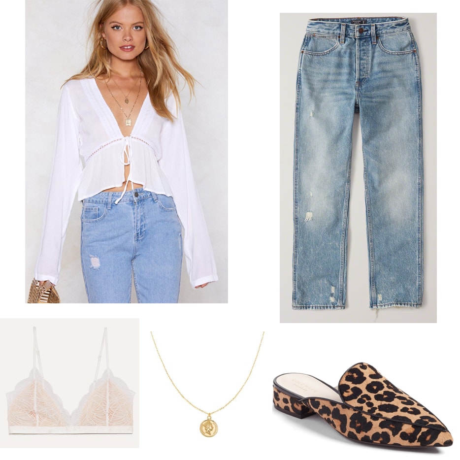 Indoor summer outfit idea: White wrap crop top, boyfriend jeans, bralette in pale pink, gold necklace, slip-on leopard mules