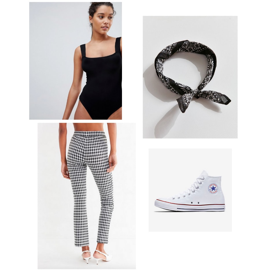 Indoor summer activities: Outfit for going to the arcade with black bodysuit, gingham pants, bandana, high top white converse