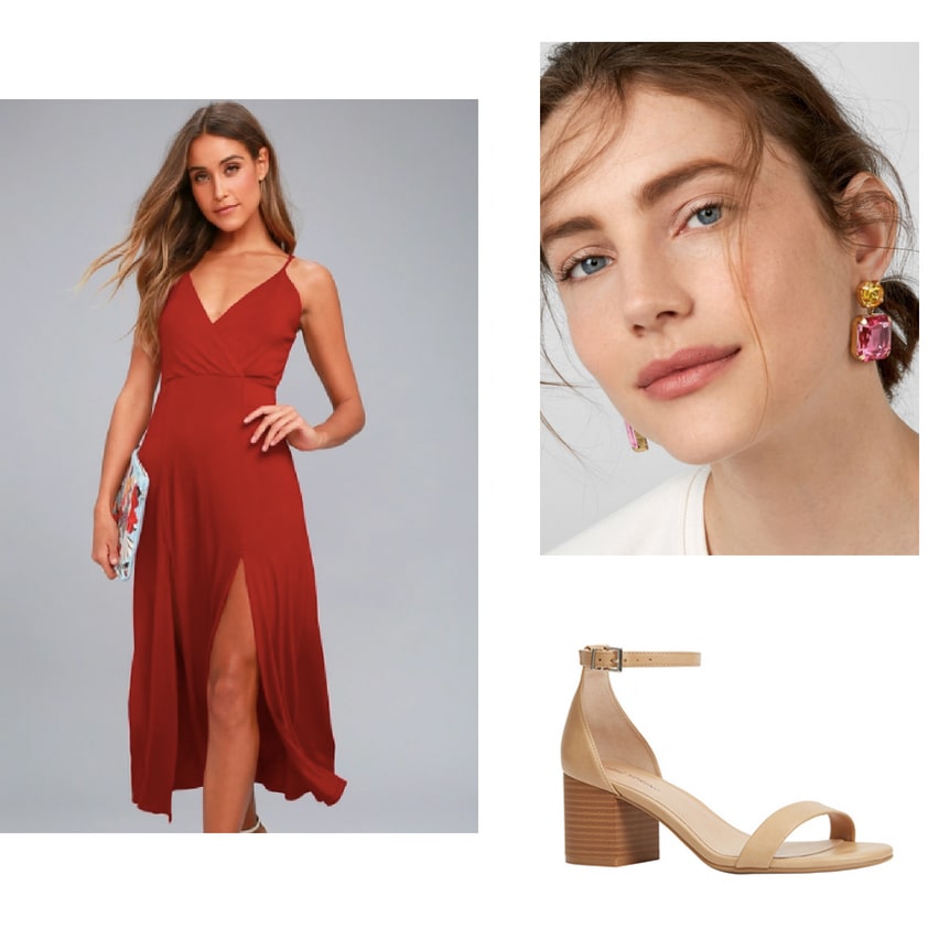 Outfit idea for dinner and salsa dancing: Red strappy maxi dress, statement earrings, nude block heel shoes