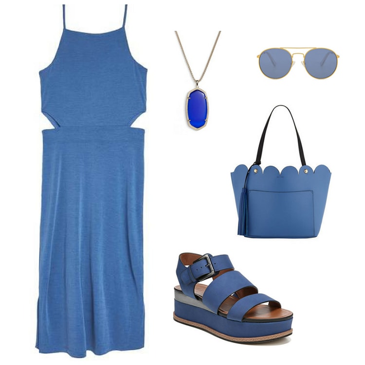 Outfit inspired by Marvel's infinity stones: Blue cutout dress with blue sandals, scalloped blue handbag, blue pendant necklace and blue aviator sunglasses