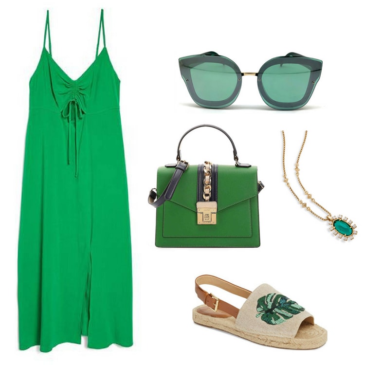 Green outfit inspired by Marvel's infinity stones: Green strappy sundress, green sunglasses, green top handle bag, green and gold necklace, palm embellished espadrille sandals