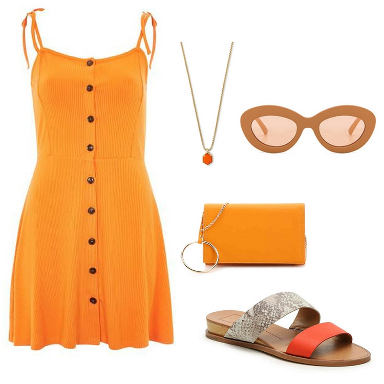 Orange outfit inspired by Marvel's Infinity Stones: Orange button front sun dress, orange necklace, orange rounded sunglasses, orange ring embellished clutch, orange and snakeskin sandals