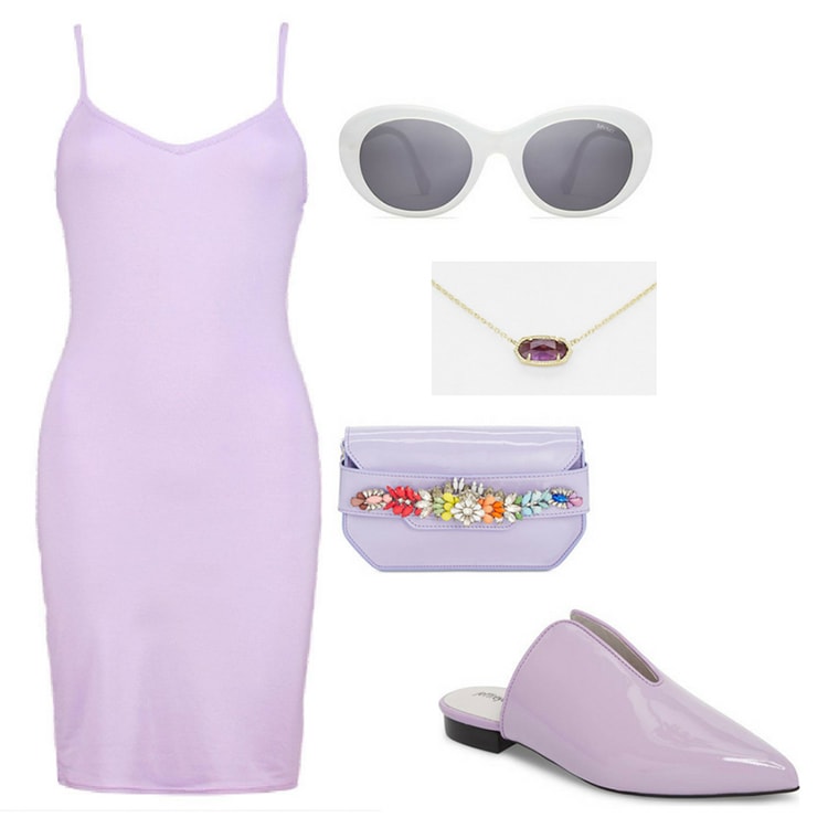 Purple outfit inspired by Marvel's infinity stones: Purple body-con dress in lavender, white oval sunglasses, purple clutch with rainbow jeweled embellishments, purple patent mules