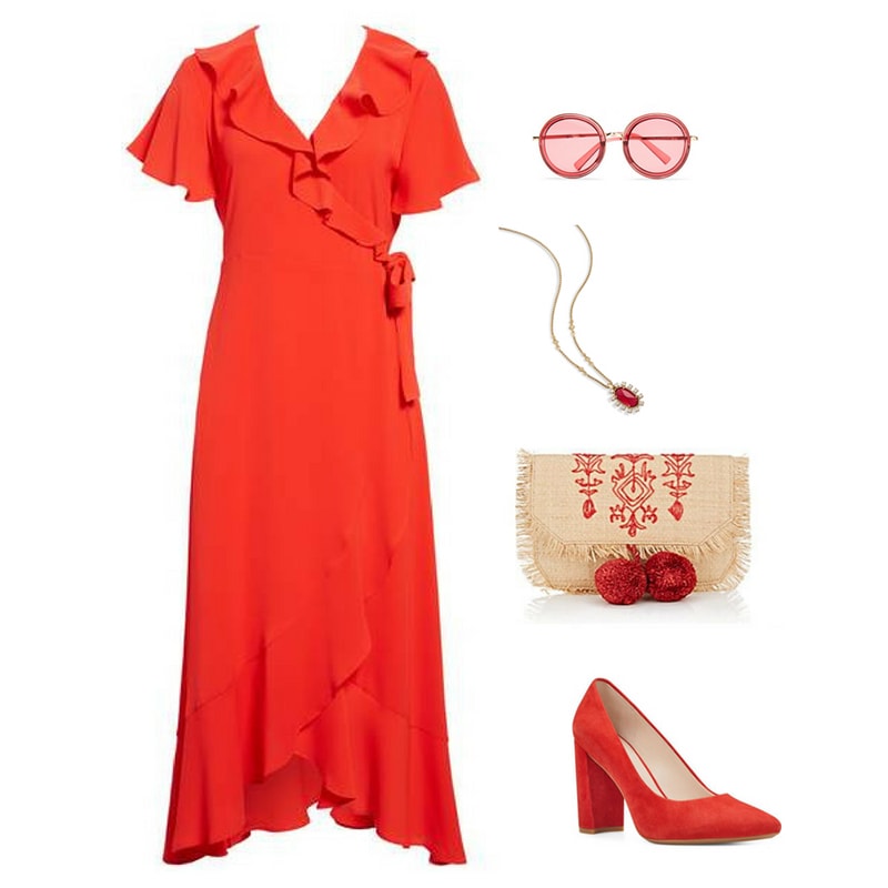 Red outfit inspired by Marvel's infinity stones: Red ruffle wrap dress with round sunglasses, red printed clutch with pom pom detailing, pendant necklace and satin pumps