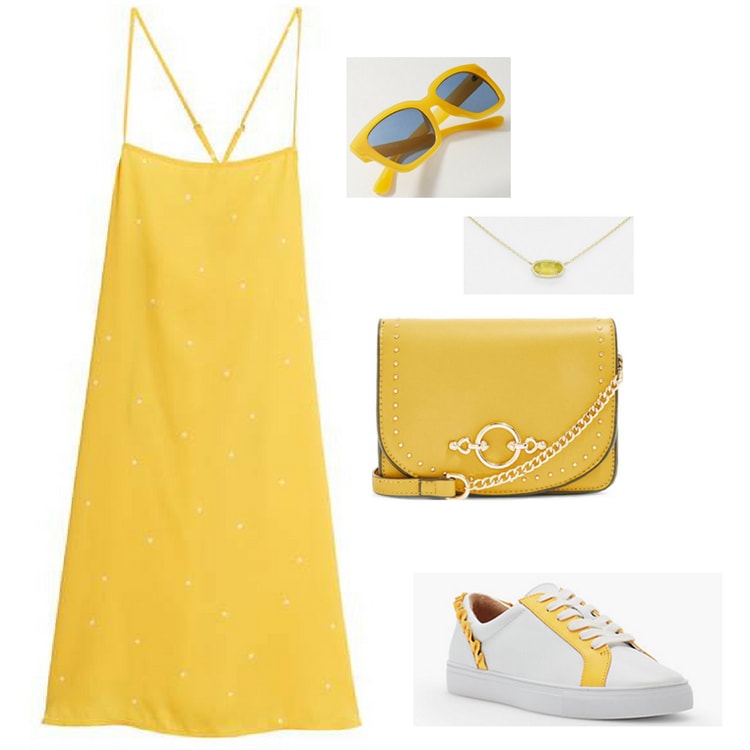 Yellow outfit inspired by Marvel's infinity stones: Yellow strappy dress, yellow crossbody bag, white and yellow sneakers, yellow wayfarer sunglasses
