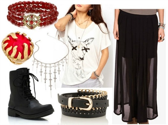 Inspired by house baratheon with deer graphic tee black maxi skirt black chain belt black combat boots cross layered necklace red flame ring and garnet bracelet