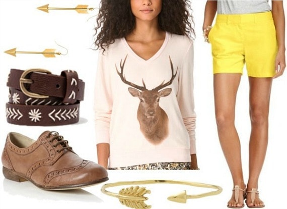 Inspired by house baratheon with stag graphic sweater tailored yellow shorts tan brogues embroidered brown belt arrow bangle and arrow earrings