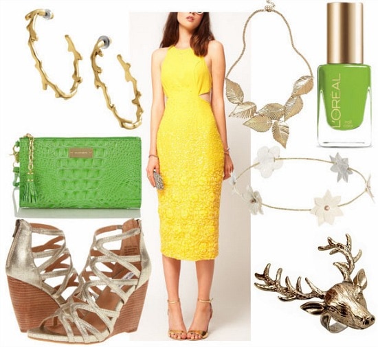 Inspired by house baratheon with yellow cut out mini dress green clutch gold wedges leaf statement necklace branch hoop earrings stag ring floral headband and green nail polish