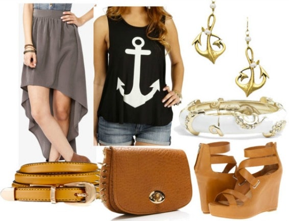 Inspired by house greyjoy with anchor tank grey high low skirt brown belt spiked satchel camel wedges gold tentacle bangle gold anchor earrings