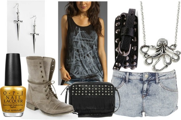 Inspired by house greyjoy with graphic ship tank acid wash denim shorts studded belt studded bag grey combat boots octopus necklace dagger earrings and gold nail polish