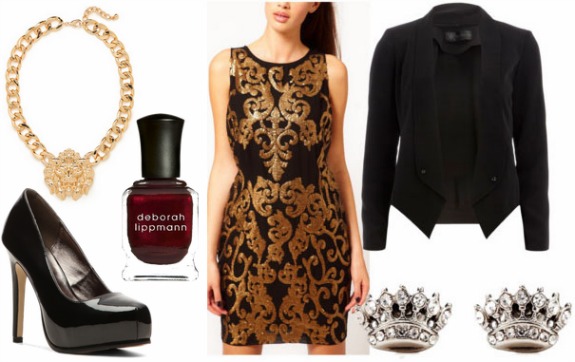 Inspired by house lanister gold baroque dress black blazer black pumps lion necklace crown earrings and burgundy nail polish