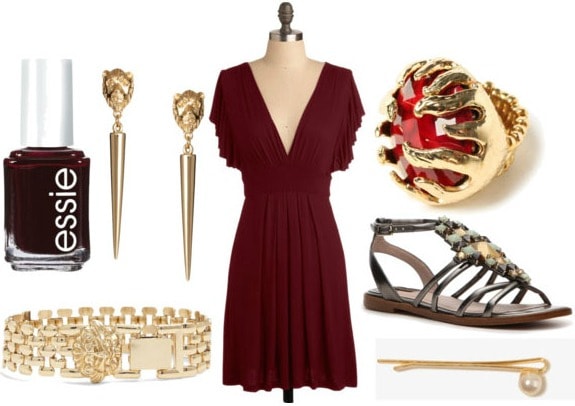 Inspired by house lannister with crimson empire dress gladiator sandals lion bracelet lion earrings red cocktail ring pearl hairpin and oxblood nail polish