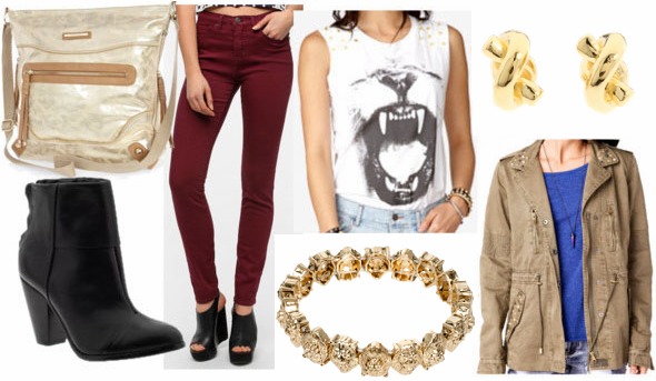 Inspired by house lannister with oxblood jeans graphic studded lion tee olive utility jacket gold lion bracelet black ankle booties gold messenger bag and gold knot earrings