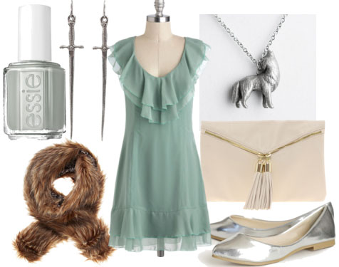 Inspired by house stark mint dress ivory tassle clutch silver flats wolf necklace brown fur stole gray nail polish sword earrings