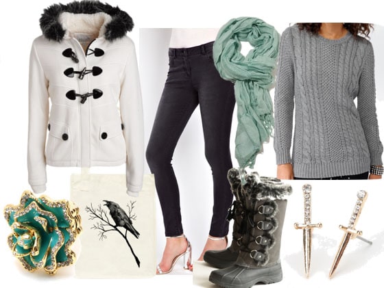 Inspired by house stark white fur coat mint scarf gray jeans gray cable sweater blue rose ring gray fur snow boots crow tote sword earrings