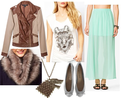 Inspired by house stark white wolf tee mint maxi skirt gray ballet flats stark necklace fur snood brown leather jacket