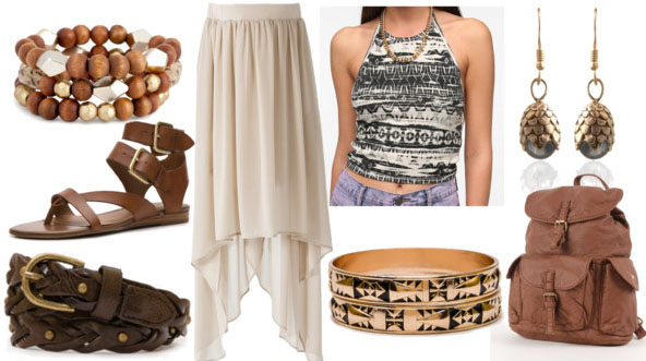 Inspired by house targaryen with printed halter top cream maxi skirt brown leather backpack gladiator sandals gold bangles beaded bracelet leather belt and dragons egg earrings