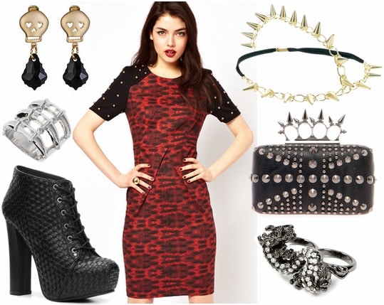 Inspired by house targaryen with red and black spiked sleeve dress chunky black booties studded clutch dragon ring gold spikd headband skull knucle ring and skeleton cameo earrings