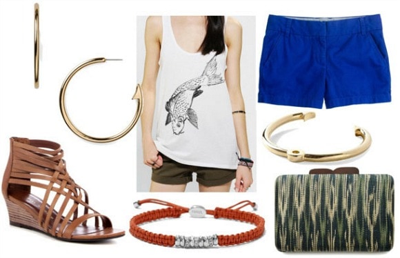 Inspired by house tully with fish graphic tank tailored cobalt shorts wave clutch gladiator wedges gold bangle woven red bangle and fish hook earrings