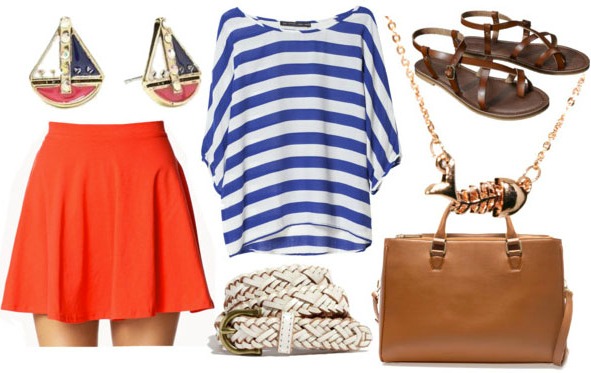 Inspired by house tully with nautical striped top red skater skirt white woven belt tan briefcase brown sandals fishbone necklace and sailboat studs