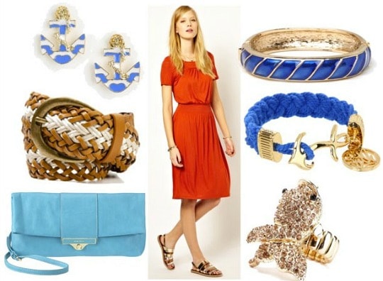 Inspired by house tully with red midi dress woven belt aqua clutch goldfish ring anchor bracelet blue bangle and anchor earrings