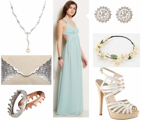 Inspired by house tyrell with blue cutout maxi dress floral circlet white gladiator pumps floral rhinestone earrings pearl drop necklace sparkly clutch and crown rings