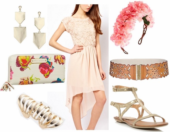 Inspired by house tyrell with lace high low dress floral headband floral embellished belt armor ring shield earrings floral clutch gold gladiator sandals