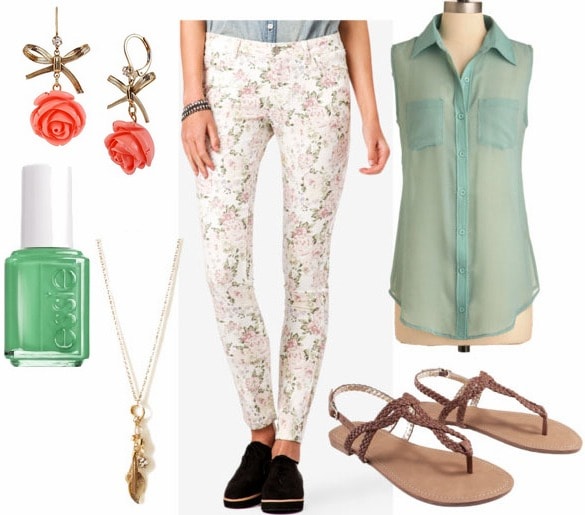 Inspired by house tyrell with white floral print jeans emerald sheer collared tank braided brown sandals coral rose drop earrings leaf charm necklace green nail polish