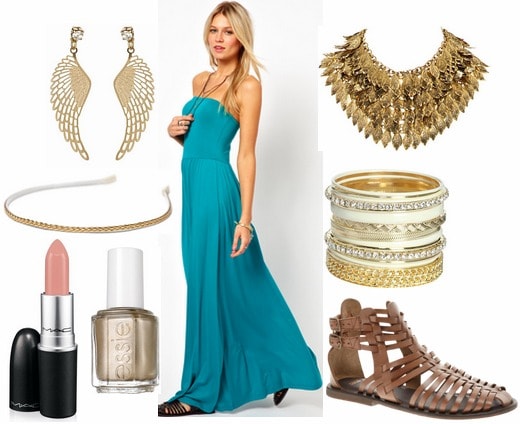 Inspired by targaryen with blue ruffled maxi dress gold statement necklace gold bangles wing earrings braided headband gladiator sandals nude lipstick and gold nail polish