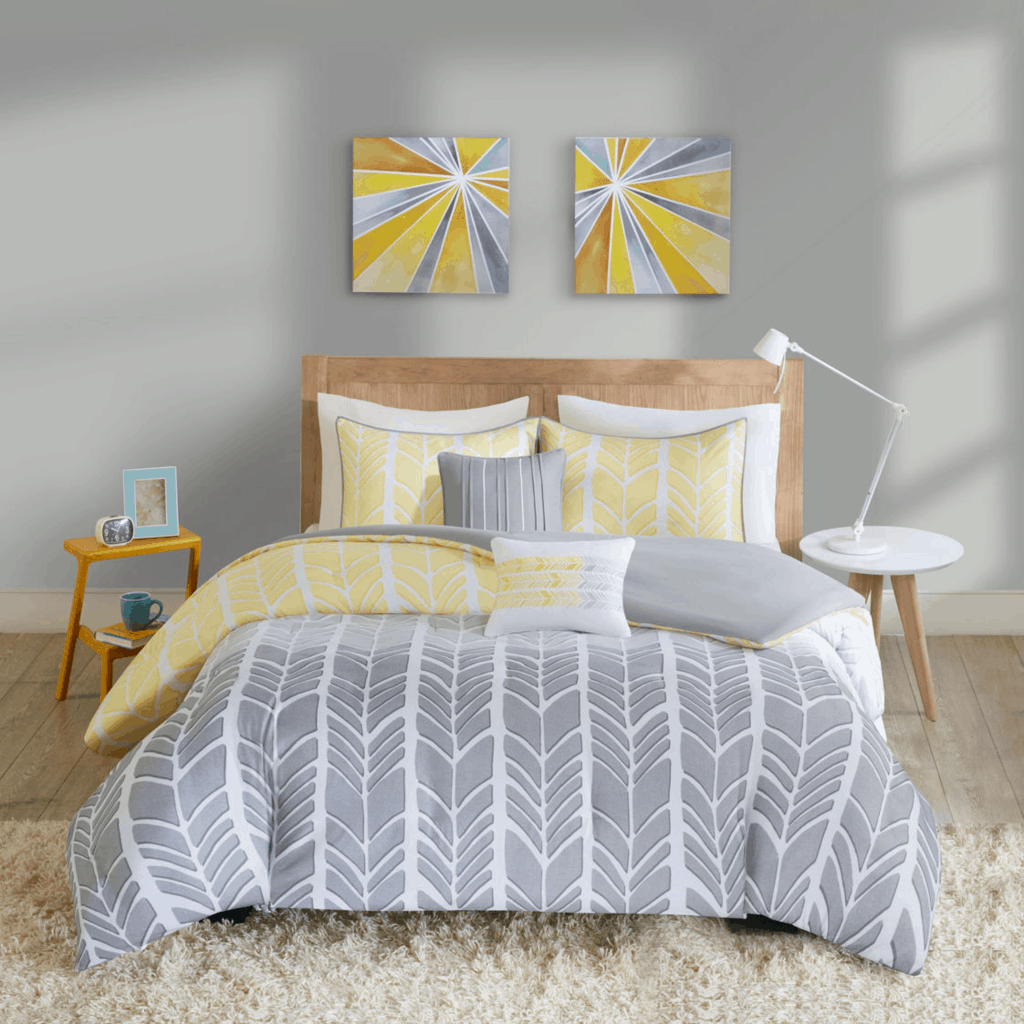 JCPenney colorblocked sunshine yellow and grey geometric chevron dorm duvet.