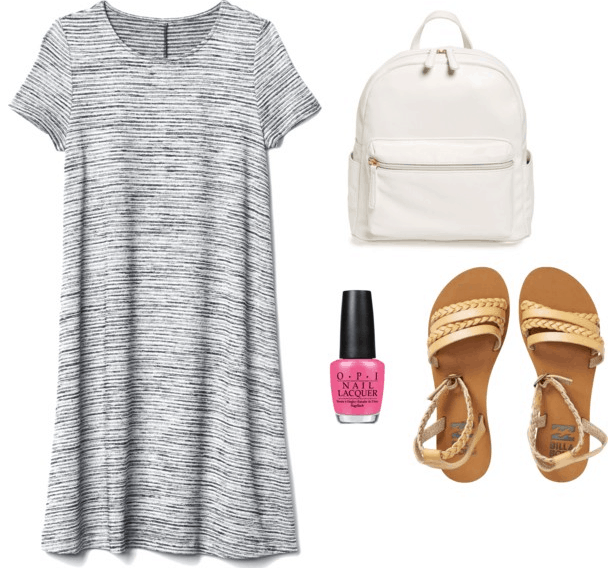 gray t-shirt dress white backpack matte gold braided sandals hot pink nail polish