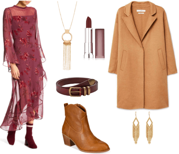 Outfit inspired by Prairie Dresses: long, embroidered magenta dress with flowers, camel coat, brown leather booties, gold pendant and earrings, leather red belt and dark red lipstick