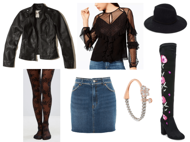 Outfit inspired by flowers in Iowa: Denim mini skirt, sheer ruffle-embellished top in black, black faux leather moto jacket, black patterned tights, black fedora, black embroidered over the knee boots, rose gold floral bracelet