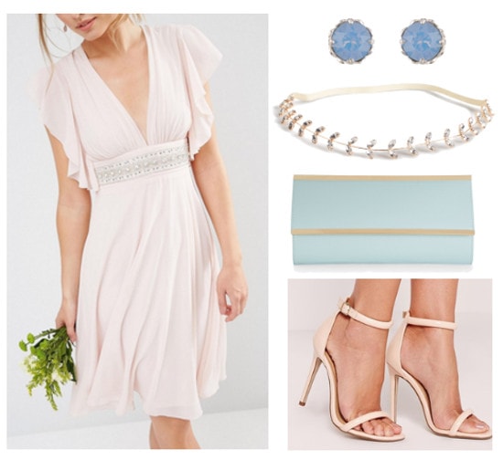 Outfit inspired by Iris from Greek Mythology: Rose quartz dress, strappy sandals, serenity clutch and jewelry