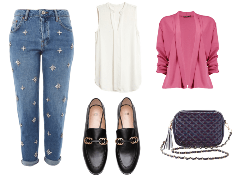 Outfit inspired by Isabella Santos from The Letter video game:  black loafers, embellished boyfriend jeans, white sleevless top, pink blazer and a purple crossbody bag.