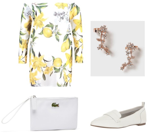 Outfit inspired by the movie It's Complicated: Sophisticated vibes with off-the-shoulder lemon print dress, Lacoste white clutch, white loafer flats, rose gold ear cuffs