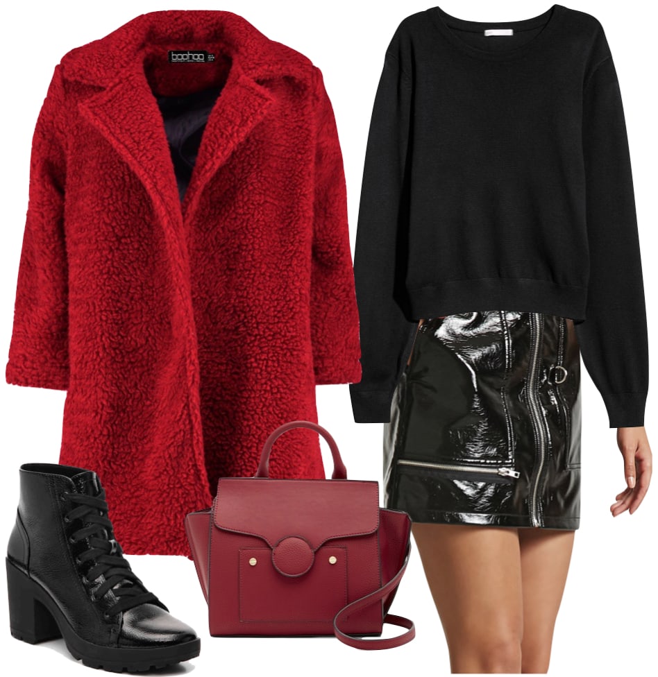 Izabel Goulart Outfit: red teddy bear coat, black sweater, black faux patent leather zipper detail mini skirt, red top handle mini satchel bag, black faux patent leather lace up platform ankle boots