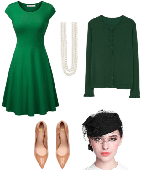 A green A-line cap sleeve dress, double strand pearl necklace, dark green cardigan, tan pumps (from above), and headshot of a model wearing a black pillbox hat with netting over the eyes