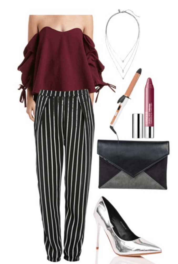 Bell sleeve top, striped pants, silver heels.