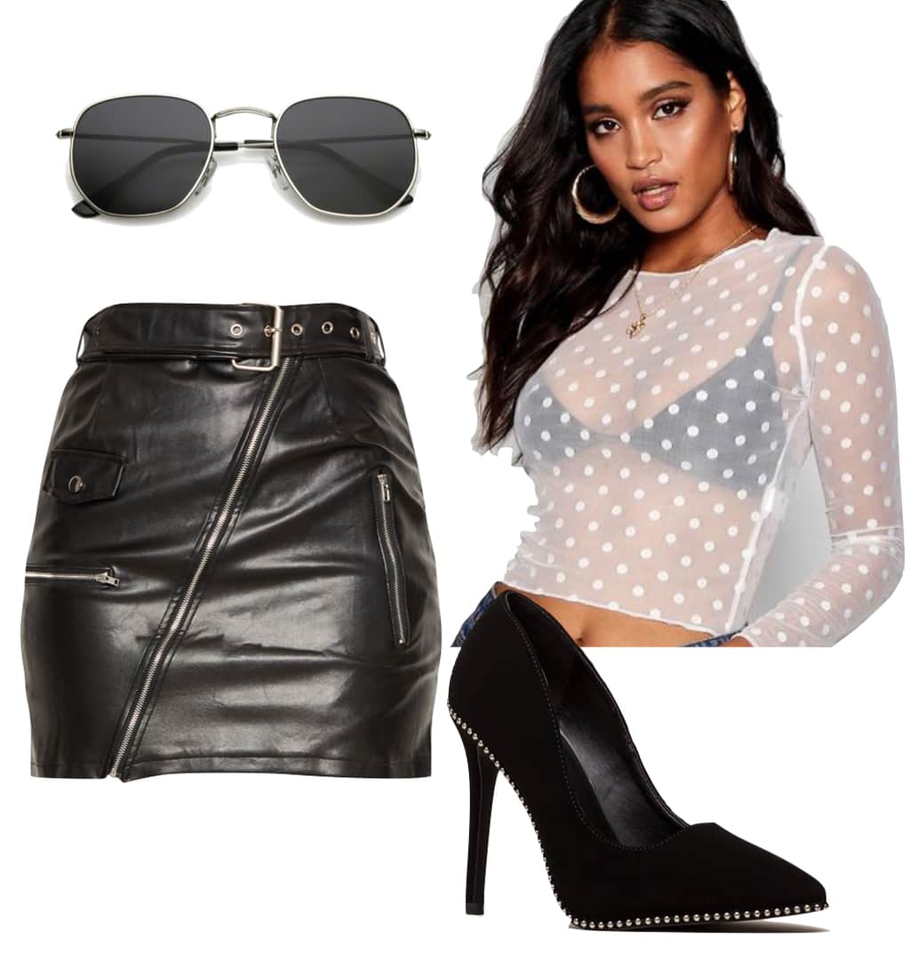 Jamie Chung Outfit: sheer polka dot print top, hexagonal sunglasses, faux leather zipper mini skirt, black studded pumps